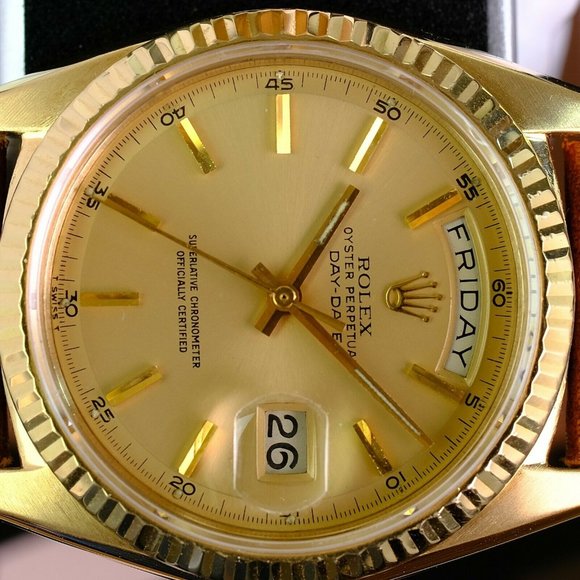 Rolex Day-date 1803 Factory Champagne Dial 18k Yellow Gold Men"s Leather Band - Picture 3 of 9